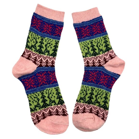 Womens Wool Blend Socks Crew Knit Green Pink Blue Red Christmas Tree Reindeers - Picture 4 of 5